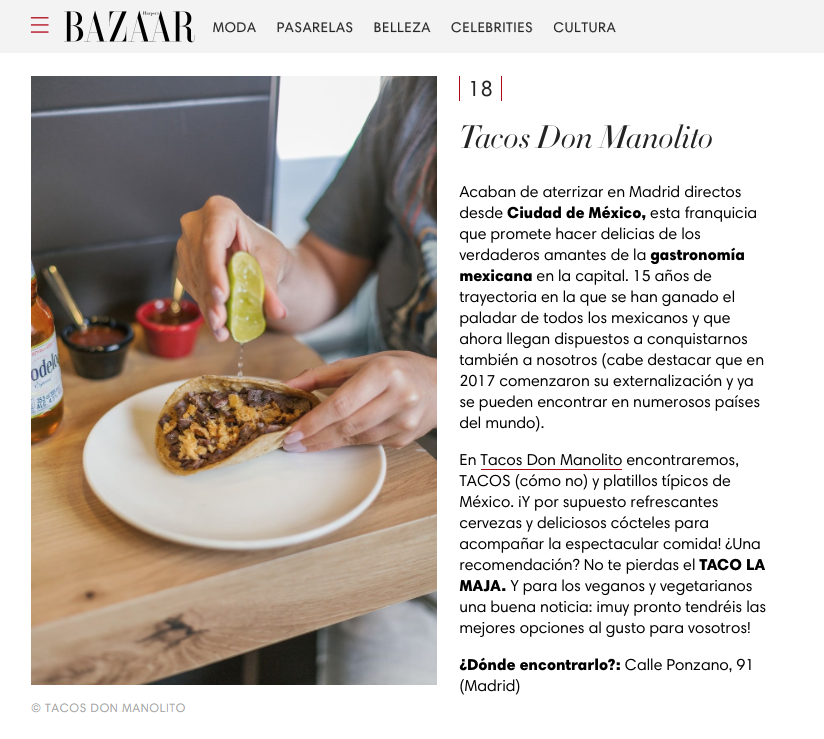 Harpers Bazaar nuevo restaurante mexicano Tacos Don Manolito Ponzano Madrid