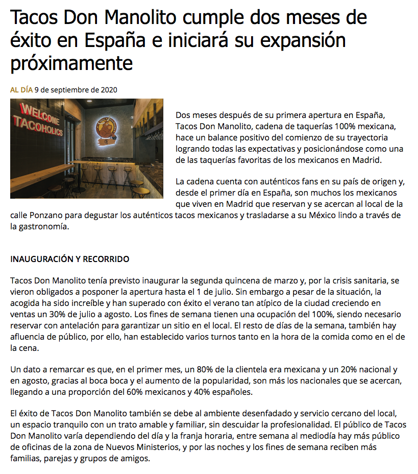 Indisa Tacos Don Manolito en España noticia franquicias